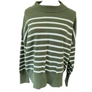 GAP Womens Large Olive Green White Striped‎ Mock Neck Cotton Knit Sweater L